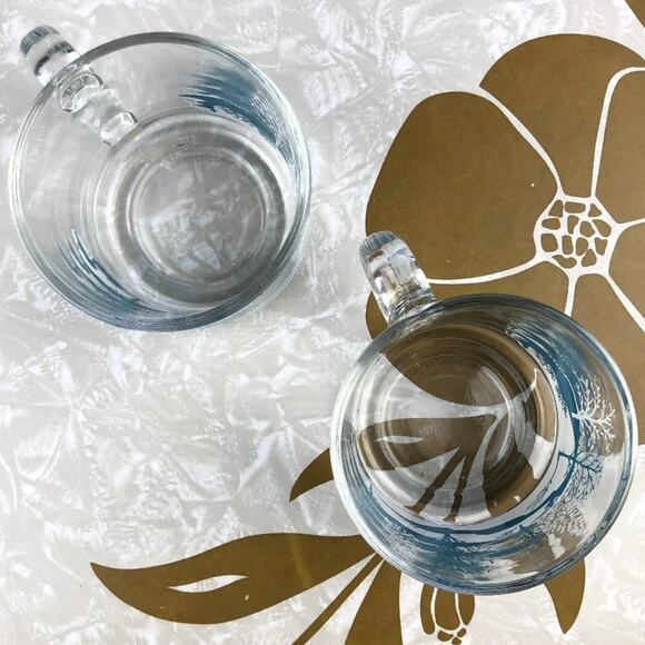 Vintage 1970's Anchor Hocking Blue White Winter Tree Glass Coffee Tea Mugs Cups - Picture 5 of 10